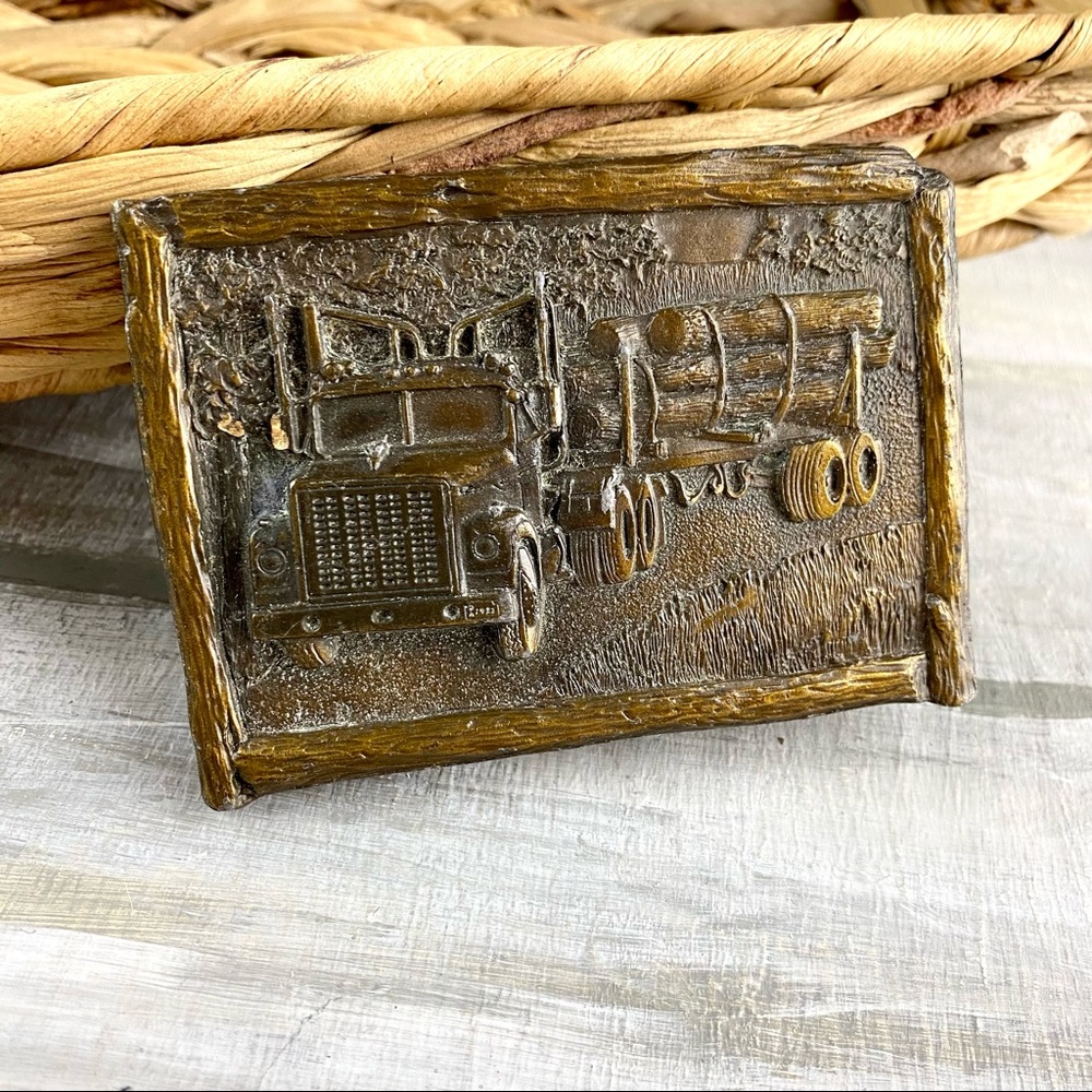 Vintage 1977 Bergamot Brass Works Brass Logging Truck Belt Buckle Trucker Logger